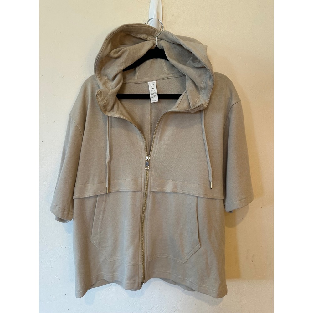 Nanette Lepore Women Beige Short Sleeve Zip Hoodie Sweatshirt athleisure lounge